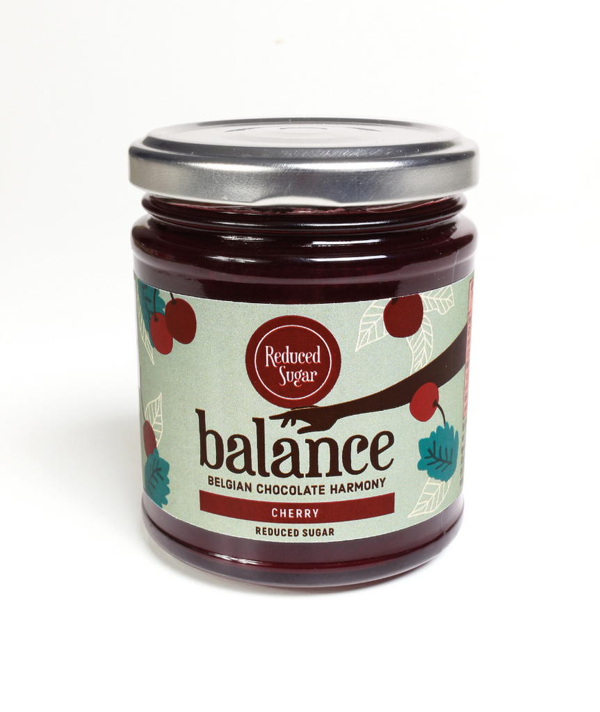 Balance reduced sugar jam cherry zonder toegevoegde suikers verlaagd in suikers confituur kers Belgian chocolate harmony
