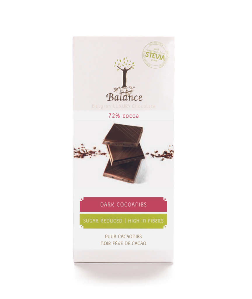 Balance belgian luxury chocolate tablet reduced sugar high in fibres pure chocolate cacaonibs pure chocolade cacaonibs luxe verlaagd in suiker stevia noir fêve de cacao