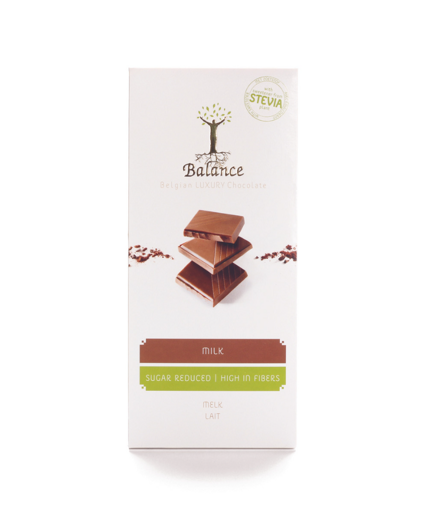 Balance belgian luxury chocolate tablet reduced sugar high in fibres milk chocolate melkchocolade luxe verlaagd in suiker stevia
